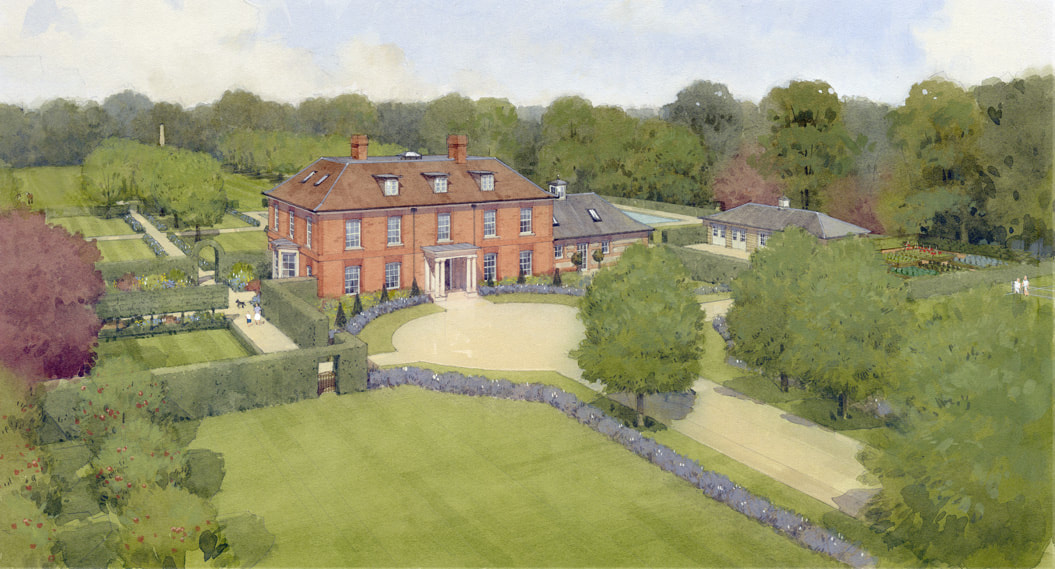 Illustration of a new brick Georgian Farmhouse in Berkshire, design by traditional architects Alex Oliver Associates